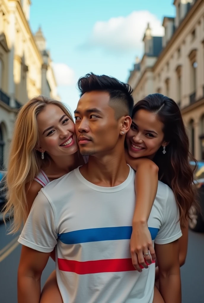 Asian man with buzzcut looking away from camera wearing white t-shirt with red blue horizontal stripe. A blonde girl sitting on his shoulders. A brown haired woman smiling at him seductively. London setting