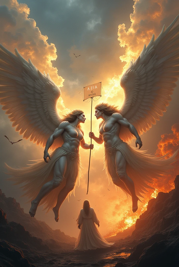 (best quality,4k,8k,highres,masterpiece:1.2),ultra-detailed,realistic,photorealistic:1.37,illustration,angels, carrying a long banner with texts "Azia - Avika",dramatic,falling,heaven,fire,darkness,feathers,contrast,intense,mythology,surrealism,elegance,holy light,vivid colors,detailed wings,ethereal,expressive,divine beings,hope,rays of light,chaos,majestic,apocalyptic,cosmic,powerful,grandeur,spectacular scenery,fiery abyss,heavenly beings,graceful,celestial beings,fierce,mythical creatures,demonic flames,luminous,ominous shadows,dramatic motion,mystical,angelic battle,dramatic composition,splendid,awe-inspiring,divine intervention,tragically beautiful,epic