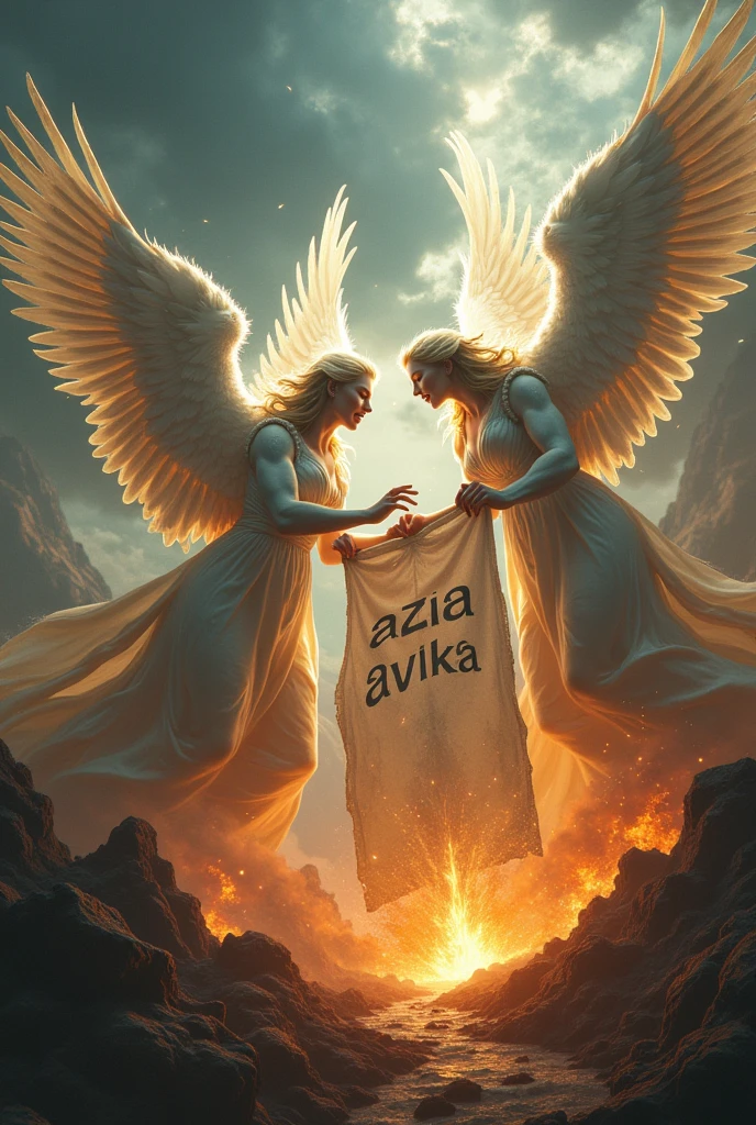 (best quality,4k,8k,highres,masterpiece:1.2),ultra-detailed,realistic,photorealistic:1.37,illustration,angels, carrying a long banner with texts "Azia - Avika",dramatic,falling,heaven,fire,darkness,feathers,contrast,intense,mythology,surrealism,elegance,holy light,vivid colors,detailed wings,ethereal,expressive,divine beings,hope,rays of light,chaos,majestic,apocalyptic,cosmic,powerful,grandeur,spectacular scenery,fiery abyss,heavenly beings,graceful,celestial beings,fierce,mythical creatures,demonic flames,luminous,ominous shadows,dramatic motion,mystical,angelic battle,dramatic composition,splendid,awe-inspiring,divine intervention,tragically beautiful,epic