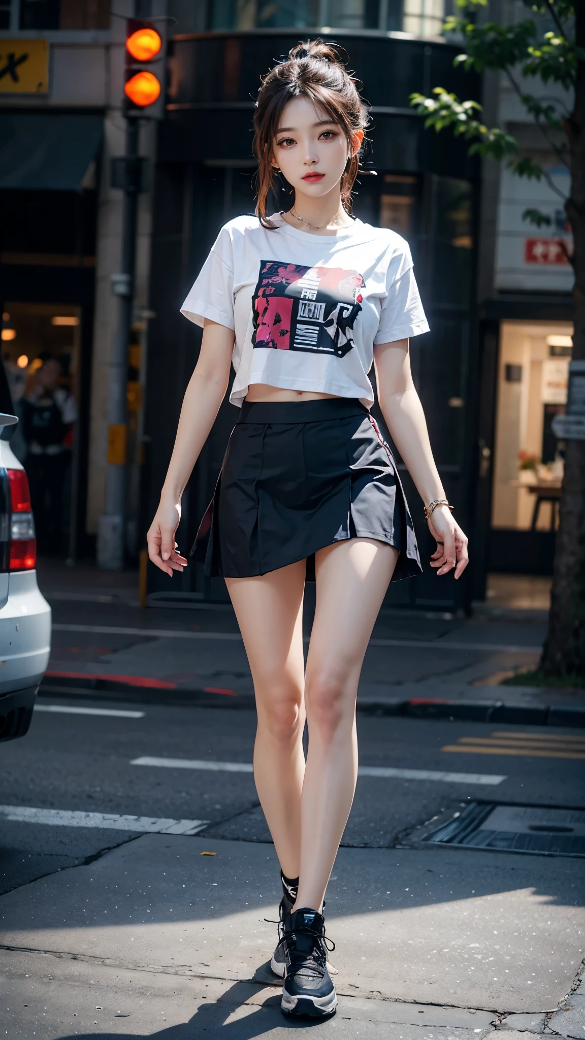 Realistic, High resolution, Soft Light, 1 Female, alone, Hip Up, Dynamic pose, Glowing Skin, jewelry, tattoo, Streetwear, T-Shirts, skirt