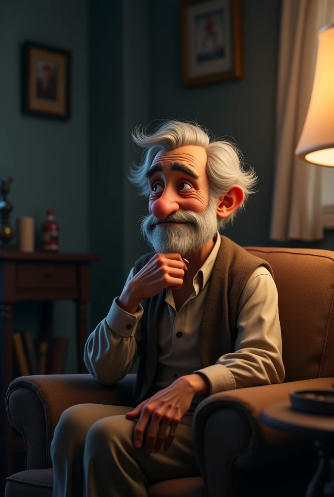 I want a picture of a cartoon young man from the old days who is wise from the fictional characters, a young man sitting on a chair in a quiet room with low lighting, and he is realistic as if he is talking and the angle of the photo is suitable