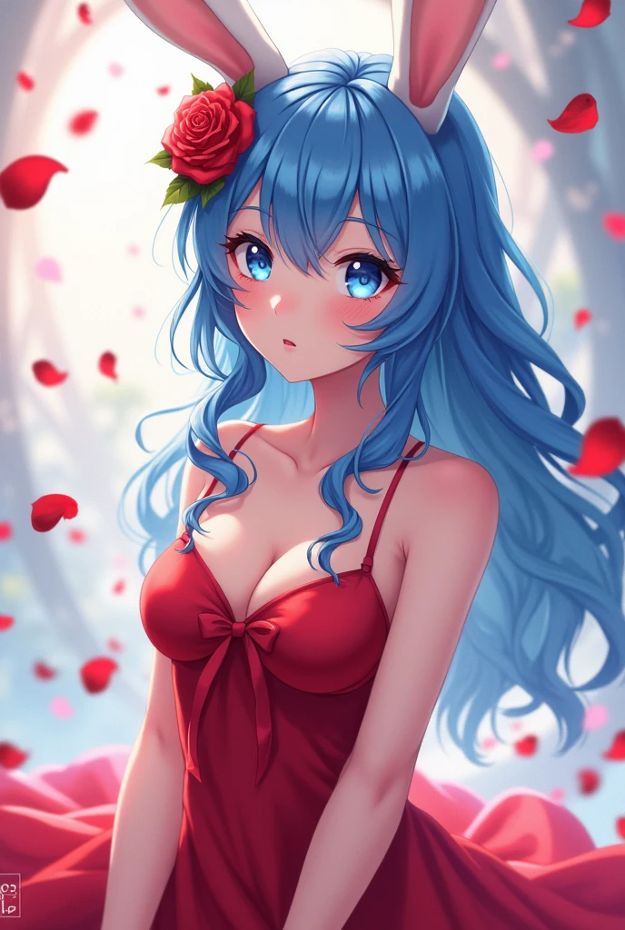 Beautiful anime bunny with blue hair and blue eyes surrounded by rose petals sexi red dress