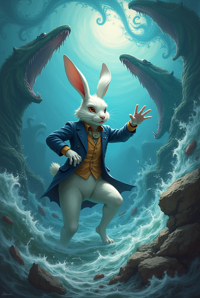 Draw me the white rabbit "Alice in Wonderland" fighting sea monsters in the manhwa "Leviathan"
