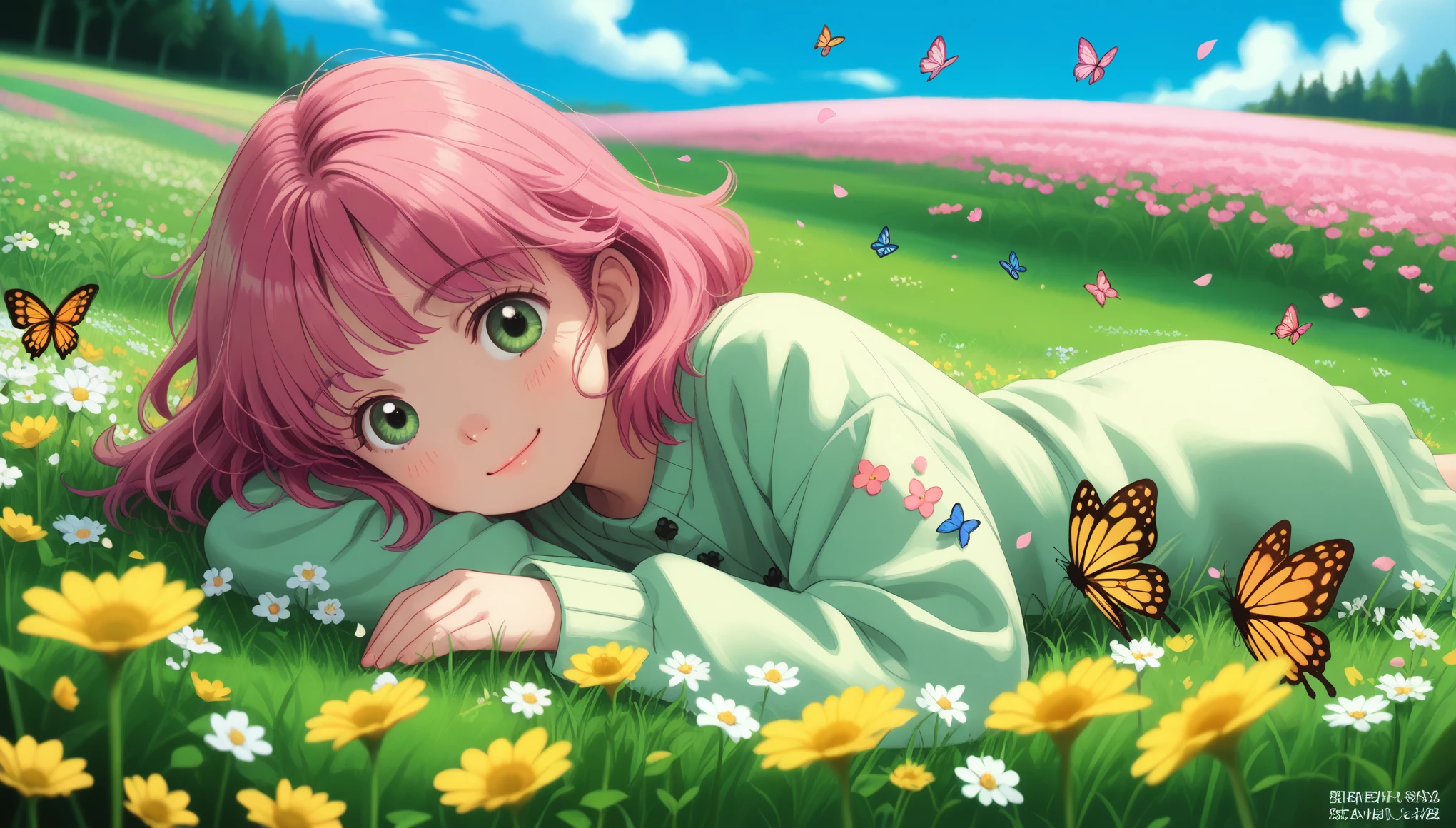 score_9, score_8, score_7, BREAK solo, original, 3DMM style, artwork, style anime kawaii, better quality, dutch angle, volumetric lighting, Studio ghibli, unreal engine, 1girl in the flowery field of flowers, cute, smiling, pink hair, Green eyes, lying on her stomach, blurry-foreground blooming flowers, sharp-midground focus girl, side view, bright grass, blue sky, fluffy clouds, butterflies, pink particles, petals in the wind, saturated color filter,