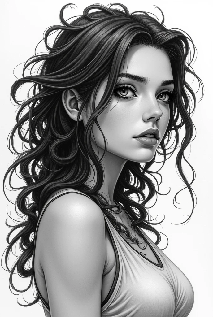 Black and white drawing of a girl in her teens who looks like medusa but with NORMAL hair while looking to the side