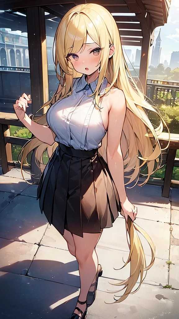 (Masterpiece, Top quality:1.5), full body, (1 beautiful girl, solo:1.2), (Round eyes, big eyes, droopy eyes:1.3), (short height:1.2), (straight skirt:1.3), (blonde hair:1.2), long Hair, straight Hair, asymmetry bangs, swept bangs, (large breasts:1.2), shy:1.3, blush:1.3, beautiful scene of station platform, open mouth, dynamic pose, dynamic angle