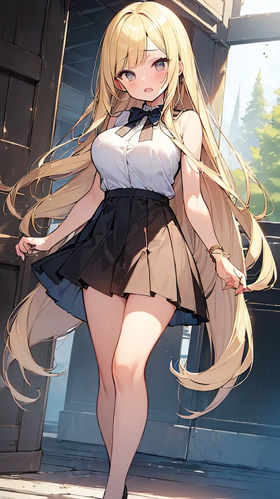 (Masterpiece, Top quality:1.5), full body, (1 beautiful girl, solo:1.2), (Round eyes, big eyes, droopy eyes:1.3), (short height:1.2), (straight skirt:1.3), (blonde hair:1.2), long Hair, straight Hair, asymmetry bangs, swept bangs, (large breasts:1.2), shy:1.3, blush:1.3, beautiful scene of station platform, open mouth, dynamic pose, dynamic angle