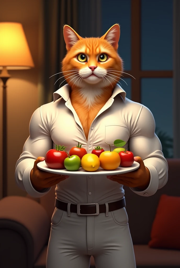 handsome muscular ginger cat jisne white shirt and pant pehni h uske hath me ek plet me bhut fruit h seen ginger cat chote chid ki dete huye night ka samay h or bulb jal rha h living room me h