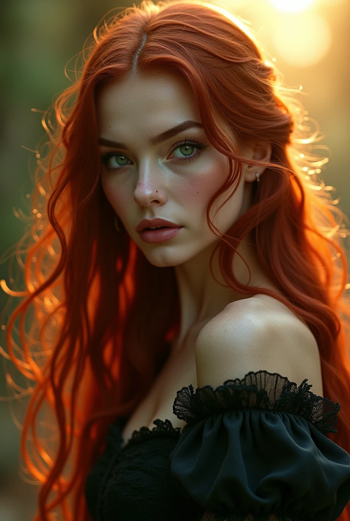 a one woman, A witch, with long dark red hair, fair skin with sun rays and greenish eyes