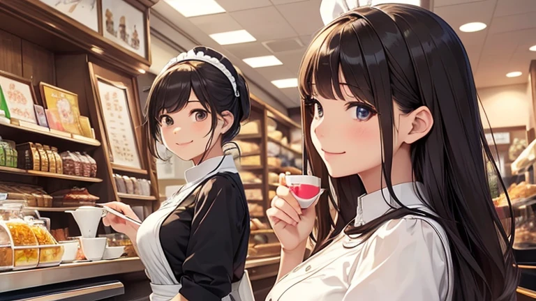 In the maid café、Please draw an illustration of a smiling woman in a maid uniform serving tea to a customer.。The woman has a gentle expression、I enjoy talking to customers。In the background、The interior of the store is depicted with counters and decorations.。