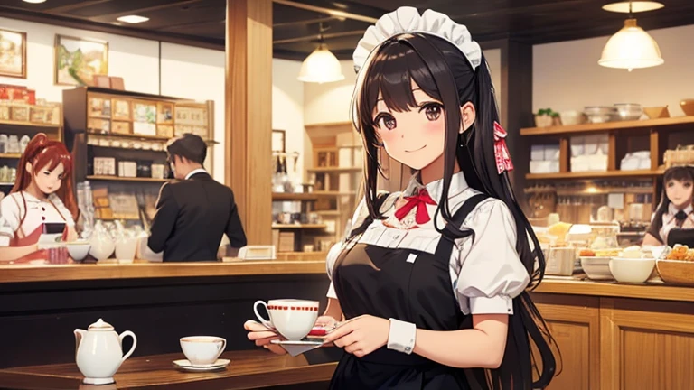 In the maid café、Please draw an illustration of a smiling woman in a maid uniform serving tea to a customer.。The woman has a gentle expression、I enjoy talking to customers。In the background、The interior of the store is depicted with counters and decorations.。