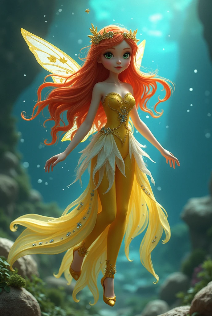 Real fairy magical like in a 1980s dark fantasy movie 3d ultra 8k stella from *Winx Club* is a character with bright, fiery red hair that flows in loose waves. She has green eyes and a fair complexion. Her outfit typically includes a yellow and white fairy dress with sparkling accents and butterfly or star motifs. She often wears matching accessories like a headband and shoes. stella’s overall look is vibrant and magical, with a little gold crown in her head reflecting her powers as the Fairy of the sun Flame Surrealist art , like a dream, Mystery, Symbolic, complicated, detailded, (Gothic，Very beauthful:1.4), (work of art, best qualityer:1.4) , Style Nicolas Samori, Mermaid Goddess Costume, (rock n roll atmosphere under the sea), (hair blue), beautiful