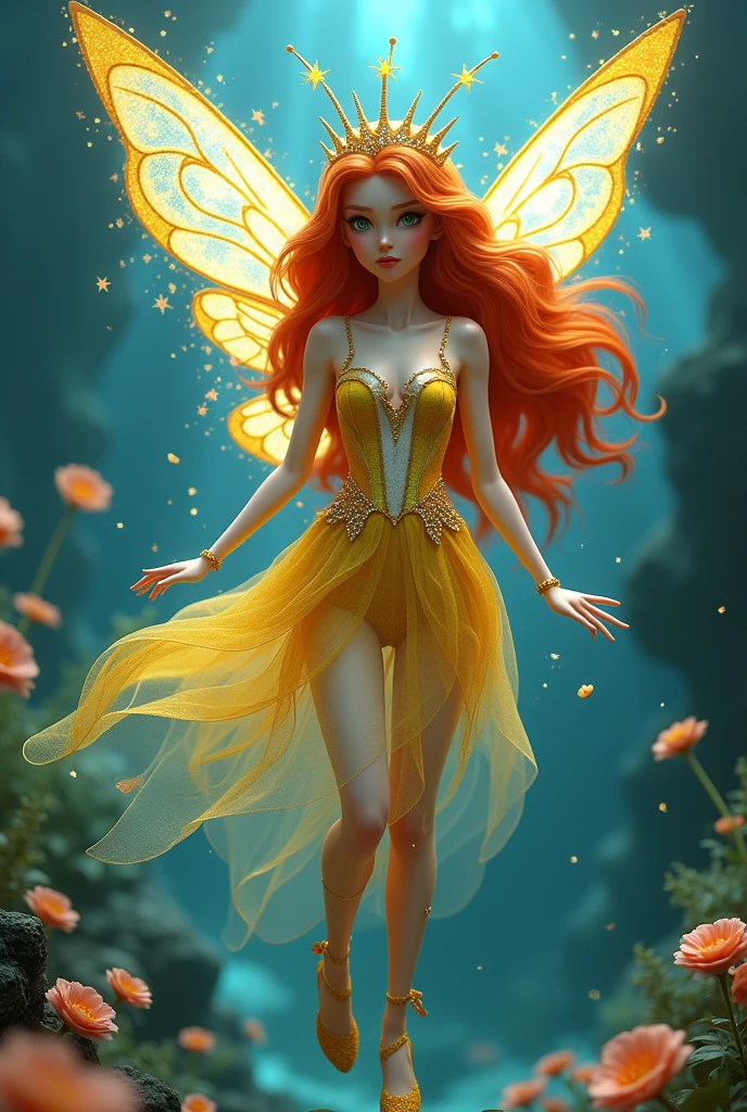 Real fairy magical like in a 1980s dark fantasy movie 3d ultra 8k stella from *Winx Club* is a character with bright, fiery red hair that flows in loose waves. She has green eyes and a fair complexion. Her outfit typically includes a yellow and white fairy dress with sparkling accents and butterfly or star motifs. She often wears matching accessories like a headband and shoes. stella’s overall look is vibrant and magical, with a little gold crown in her head reflecting her powers as the Fairy of the sun Flame Surrealist art , like a dream, Mystery, Symbolic, complicated, detailded, (Gothic,Very beauthful:1.4), (work of art, best qualityer:1.4) , Style Nicolas Samori, Mermaid Goddess Costume, (rock n roll atmosphere under the sea), (hair blue), beautiful