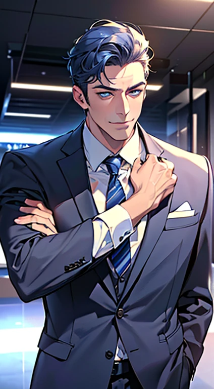 (best quality,4k,8k,highres,masterpiece:1.2),ultra-detailed,(realistic,photorealistic,photo-realistic:1.37),1 man,3,mature man,very handsome,without expression,smile,short blue hair,blue eyes,penetrating gaze,perfect face without errors,imposing posture,businessman,office background,cinematic lighting,hdr image