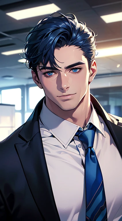 (best quality,4k,8k,highres,masterpiece:1.2),ultra-detailed,(realistic,photorealistic,photo-realistic:1.37),1 man,3,mature man,very handsome,without expression,smile,short blue hair,blue eyes,penetrating gaze,perfect face without errors,imposing posture,businessman,office background,cinematic lighting,hdr image