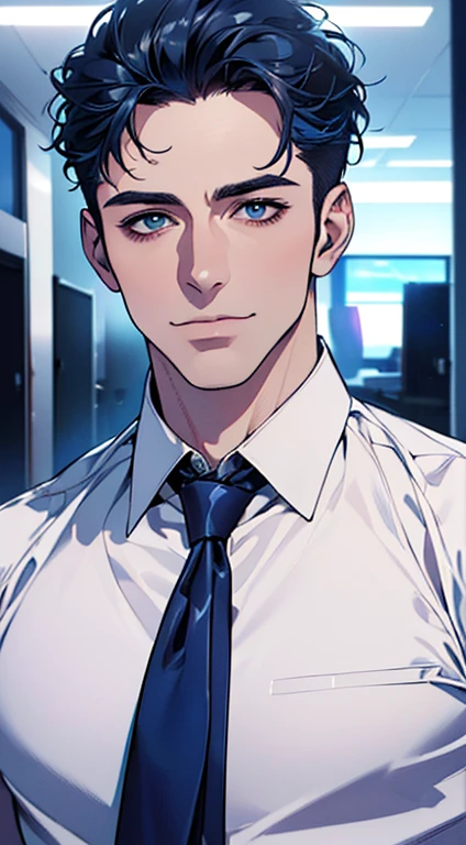(best quality,4k,8k,highres,masterpiece:1.2),ultra-detailed,(realistic,photorealistic,photo-realistic:1.37),1 man,3,mature man,very handsome,without expression,smile,short blue hair,blue eyes,penetrating gaze,perfect face without errors,imposing posture,businessman,office background,cinematic lighting,hdr image