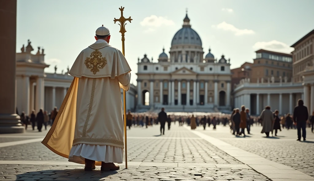 The camera is on the ground and the focal point of the image is the back view of Pope's wearing a laceless, brown, high-top leather boots, typical of field workers. The Pope wears a white tunic decorated with papal insignia, a cloak and a long golden papal scepter next to him . The background is a panoramic view of St. Peter's Square in the Vatican, crowded with tourists. The scene captures the moment of religious significance and the historical and artistic richness of St. Peter's Square. Ultrarealistic Ultrarealistic photo, 16k, ultra high resolution, photorealistic, Ultra HD.