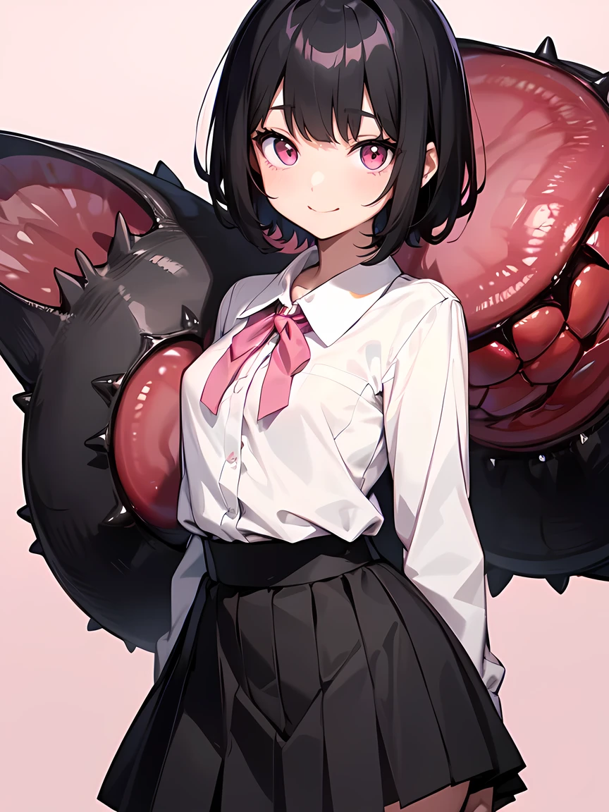 Short black hair、（Glowing pink eyes、Black blouse、school uniform:1.3）、Early teens、Mouth closed、smile、Short stature:1.2、Small breasts、Anime Style、Carnivorous plants:1.1