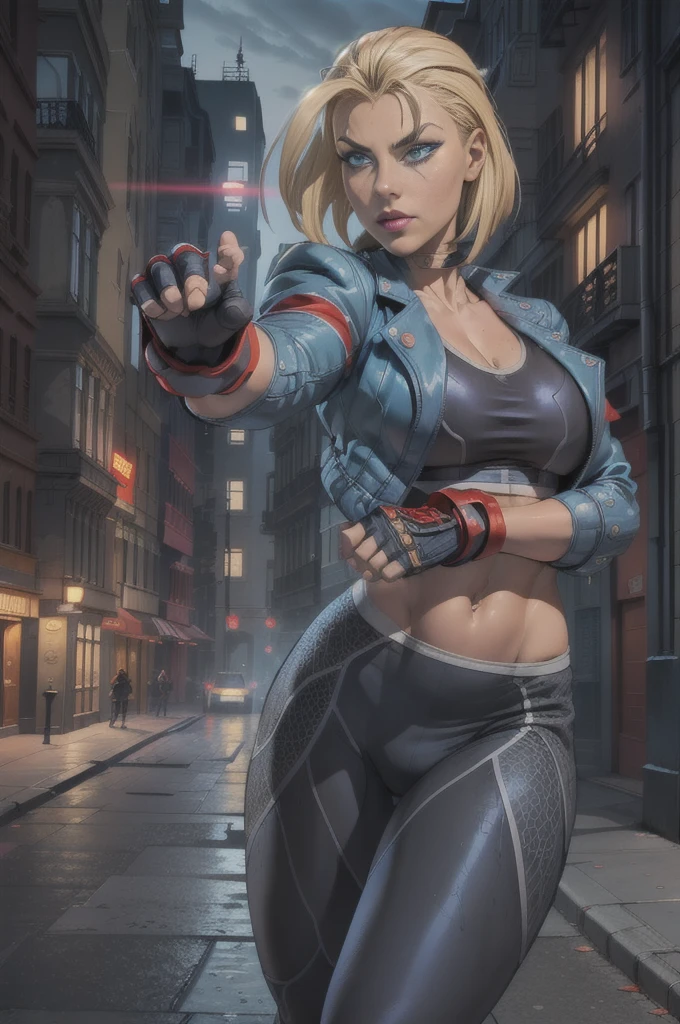 ((Best Quality, 8K, Masterpiece: 1.3)), Sharp Focus: 1.2, Beautiful Woman with Perfect Figure: 1.4, Wet Body: 1.1, Highly Detailed Face and Skin Texture, Detailed Eyes, Double Eyelids, (1girl), (Left Face Scar), (2, Sexy Mature), (Vest Line, Slim Waist, Fitness Figure), (Blue Jacket), (Yoga Pants), (Buttocks), ((Big Blue Eyes, Long Eyelashes)), ((Pout)), ((Firm Nose)), Detailed Face, Best Light, Best Shadow, Edge Light, Dynamic Action, Fist Clenching, in London, Ray Tracing, Unreal Engine 5, ((Cammy white, Street Fighter 6, game CG character)), Beautiful shiny hair, (((dark gray tights)))), muscular, collar, abs, big breasts, fight sound effect text on screen, game fight style street background, kick fighting action, (kung fu action, comic speed line), ((Cammy White's Street Fighter 6 promotional poster style)), (leg muscle lines), ((Street Fighter 6 title)), neon lights, bustling and lively streets, tall buildings in the distance, at night