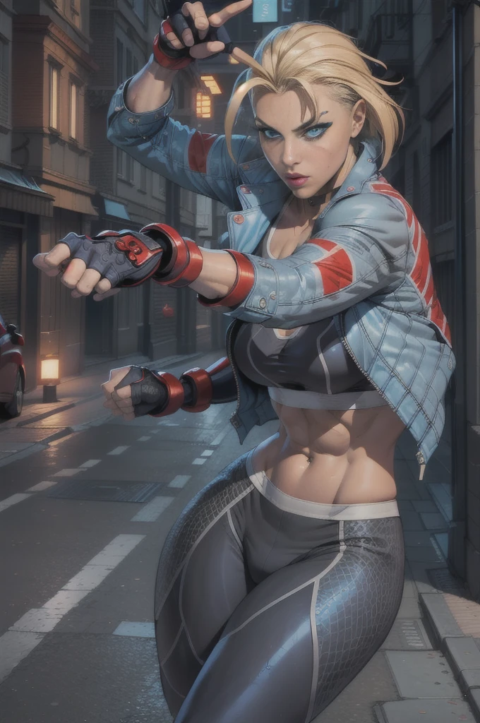 ((Best Quality, 8K, Masterpiece: 1.3)), Sharp Focus: 1.2, Beautiful Woman with Perfect Figure: 1.4, Wet Body: 1.1, Highly Detailed Face and Skin Texture, Detailed Eyes, Double Eyelids, (1girl), (Left Face Scar), (2, Sexy Mature), (Vest Line, Slim Waist, Fitness Figure), (Blue Jacket), (Yoga Pants), (Buttocks), ((Big Blue Eyes, Long Eyelashes)), ((Pout)), ((Firm Nose)), Detailed Face, Best Light, Best Shadow, Edge Light, Dynamic Action, Fist Clenching, in London, Ray Tracing, Unreal Engine 5, ((Cammy white, Street Fighter 6, game CG character)), Beautiful shiny hair, (((dark gray tights)))), muscular, collar, abs, big breasts, fight sound effect text on screen, game fight style street background, kick fighting action, (kung fu action, comic speed line), ((Cammy White's Street Fighter 6 promotional poster style)), (leg muscle lines), ((Street Fighter 6 title)), neon lights, bustling and lively streets, tall buildings in the distance, at night