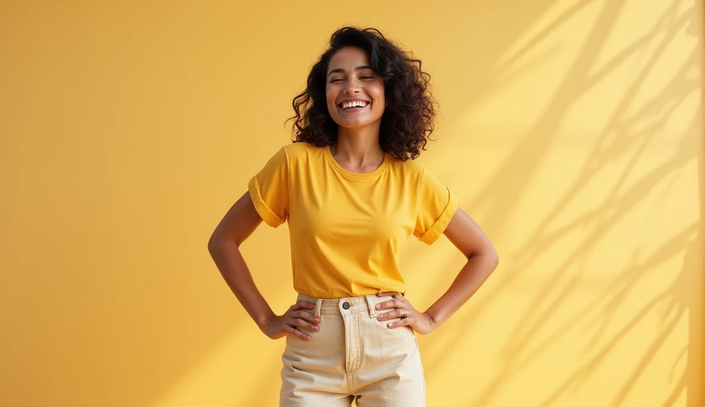 A smiling Brazilian woman with medium-length dark, slightly wavy hair, wearing a casual outfit in warm, neutral tones. She is standing with her hands on her hips and a wide smile, exuding confidence and happiness. The background is clean and neutral, with bright and natural lighting that highlights her joyful expression.