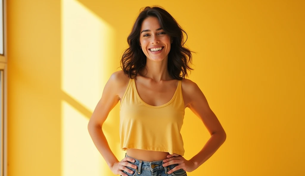 A smiling Brazilian woman with medium-length dark, slightly wavy hair, wearing a casual outfit in warm, neutral tones. She is standing with her hands on her hips and a wide smile, exuding confidence and happiness. The background is clean and neutral, with bright and natural lighting that highlights her joyful expression.