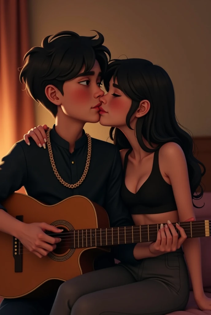 A boy with a guitar and a girl beside him laying her head on the boy's shoulder and singing in a bedroom the boy is wearing black colour kurta and gold chain in his neck and the girl is wearing black colour crop top