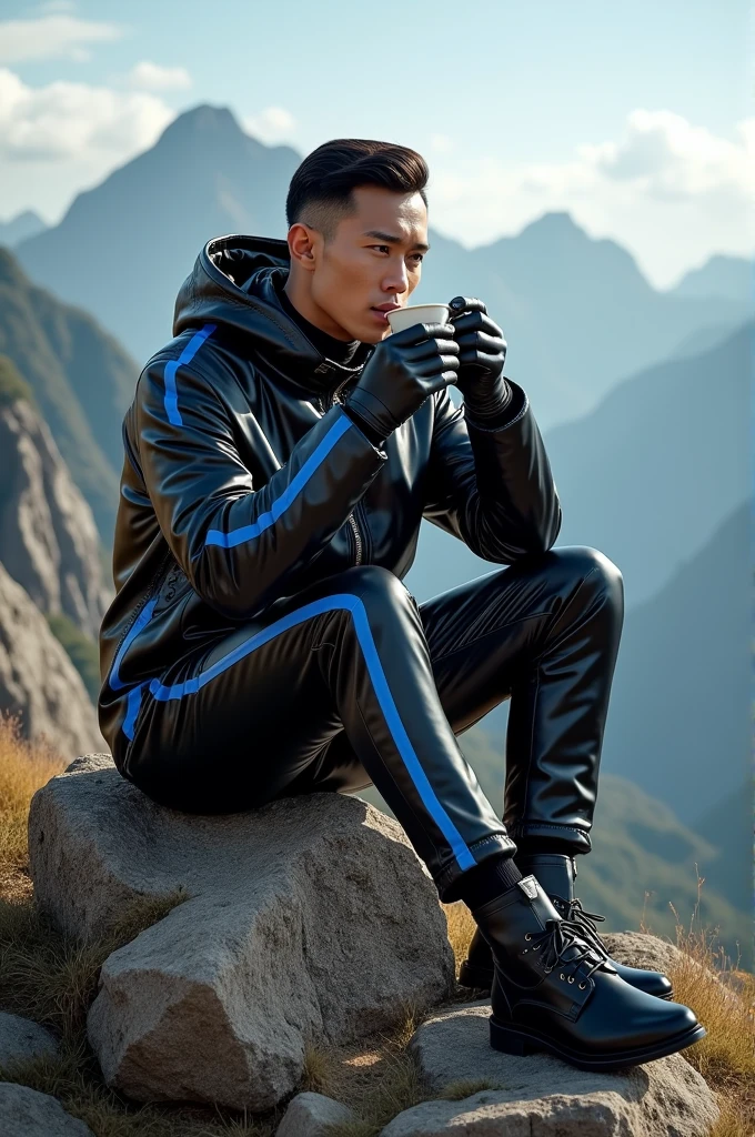a handsome Indonesian man, wearing a shiny black metallic plastic moon jacket,black metallic plastic trousers with blue accent lines, leather gloves, shoe,enjoying a cup of coffee in the mountains
