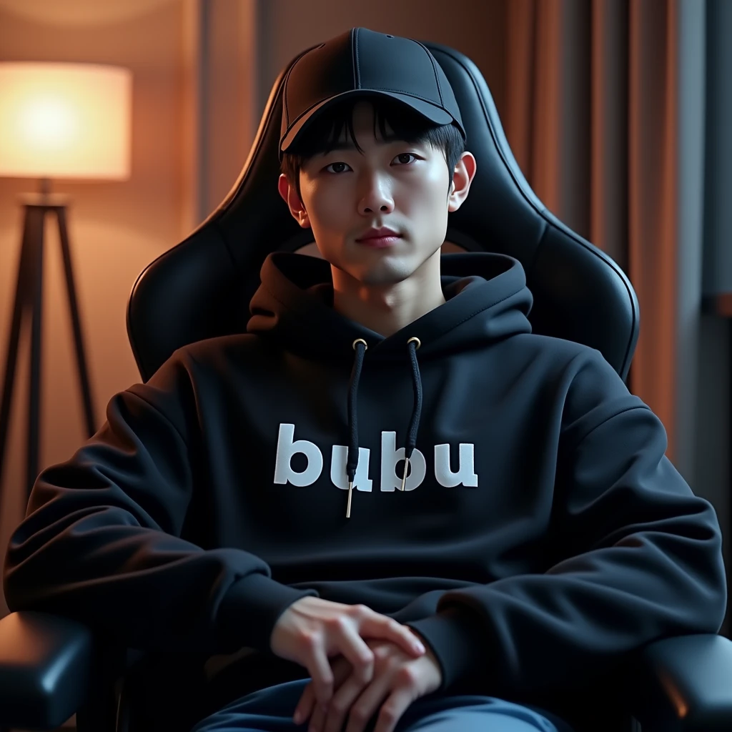 A handsome Korean man sitting on a gaming chair wearing a black polite hoodie while wearing a black ball cap , with name on hoodie " BUBUU "