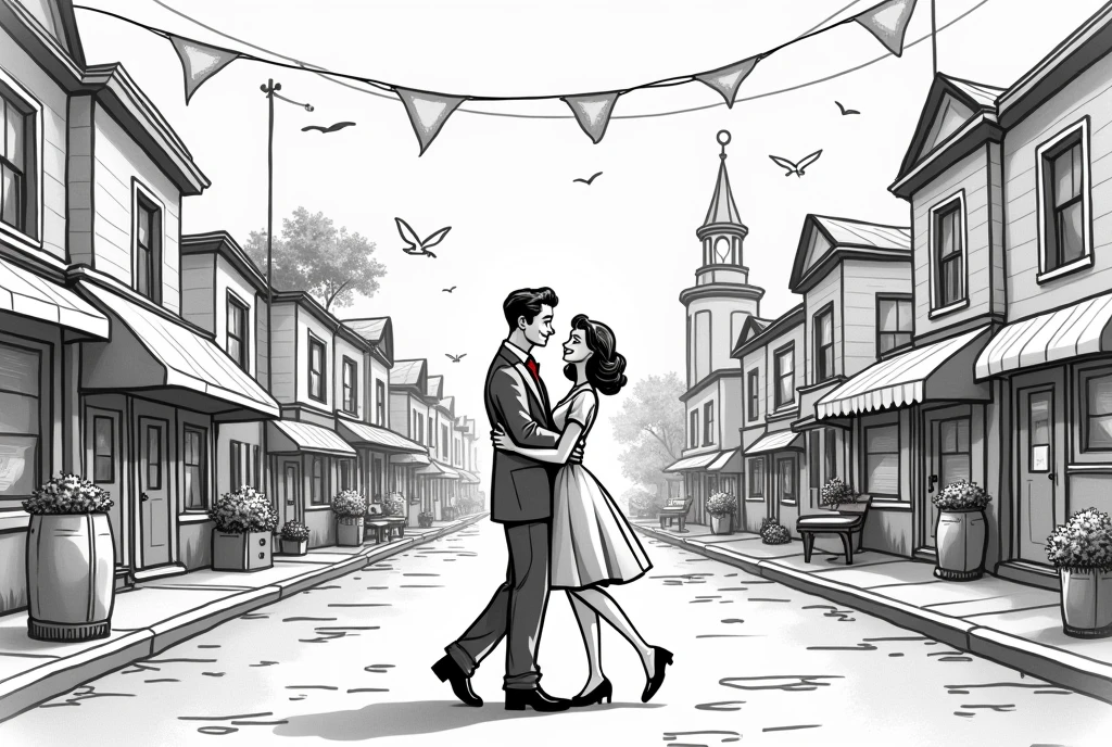 It lacks the three-dimensional feel of 1940s American cartoons.、The artwork is reminiscent of 1940s American cartoons.、One adult male、One adult woman、couple、A life full of happiness、In the city、Black and White
