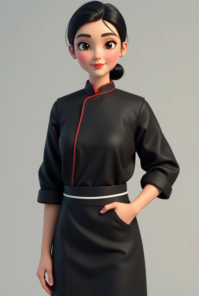a 1. Alone. Her hair is black and tied. She wears a chef's black shirt with a red stripe. She wears a black waist apron with a white stripe. She hugs her body.she smile on camera.3D.Apron only at waist and have white stripe