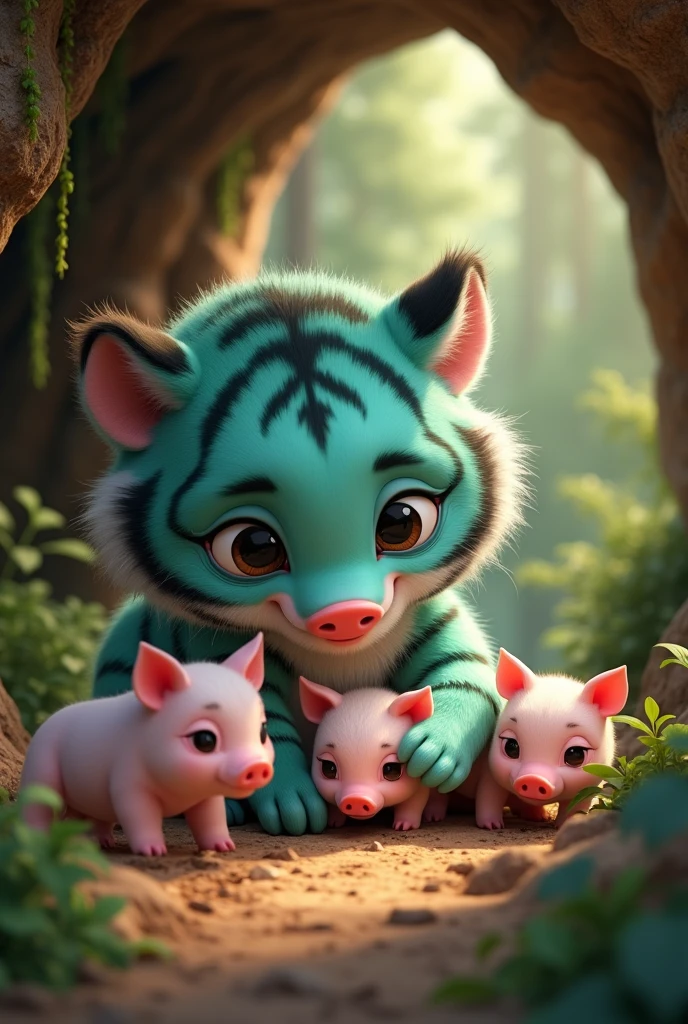 a cute and adorable tiffany green tiger, caring for a litter of baby pigs in a forest cave, smiling happily, hyper realistic, detailed, 8k, photorealistic, masterpiece, vibrant colors, natural lighting, intricate details, furry texture, forest background, cave interior, warm tones, cinematic composition