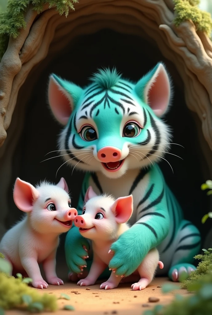 a cute and adorable tiffany green tiger, caring for a litter of baby pigs in a forest cave, smiling happily, hyper realistic, detailed, 8k, photorealistic, masterpiece, vibrant colors, natural lighting, intricate details, furry texture, forest background, cave interior, warm tones, cinematic composition