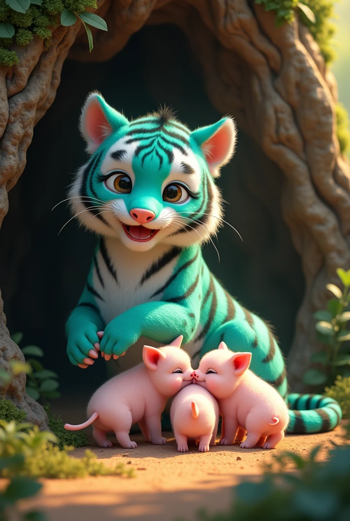 a cute and adorable tiffany green tiger, caring for a litter of baby pigs in a forest cave, smiling happily, hyper realistic, detailed, 8k, photorealistic, masterpiece, vibrant colors, natural lighting, intricate details, furry texture, forest background, cave interior, warm tones, cinematic composition