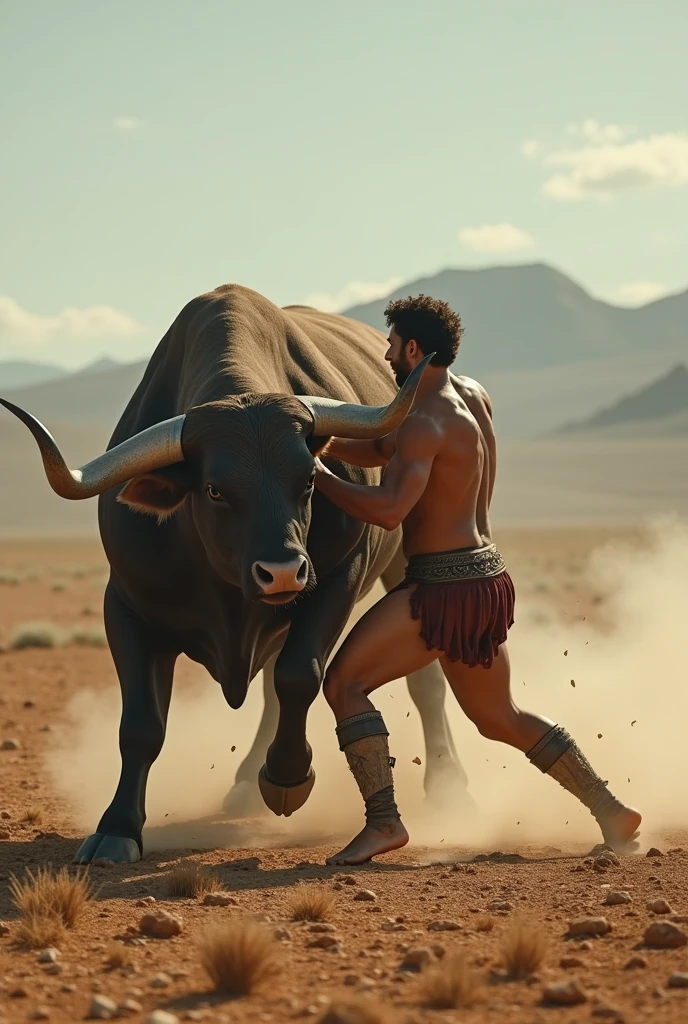 Hercules capturing the Cretan Bull, dressed in simple armor, Ancient Greece, wide open plains, wrestling the massive bull to the ground, clouds of dust rising around them, wide shot, hyper-realistic, photo realism, cinematography --ar 1:1