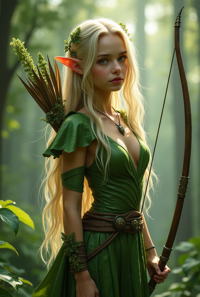 Girl, elf, Long blonde hair, fantasy, Green leaf costume, Use bow and arrow, full body