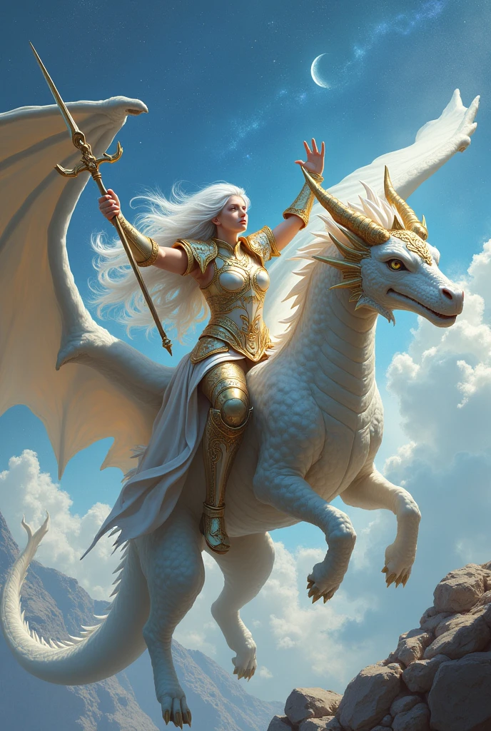 Image of a human paladin with long white hair flying on top of a white celestial dragon