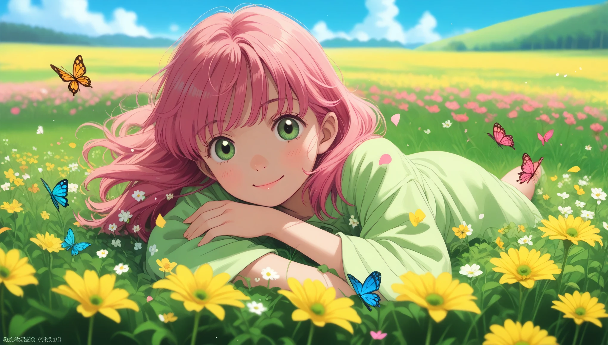 score_9, score_8, score_7, BREAK solo, original, 3DMM style, artwork, (style anime kawaii), better quality, dutch angle, volumetric lighting, Studio ghibli, unreal engine, 1girl in the flowery field of flowers, cute, smiling, pink hair, Green eyes, lying on her stomach, blurry-foreground blooming flowers, sharp-midground focus girl, side view, bright grass, blue sky, fluffy clouds, butterflies, pink particles, petals in the wind, saturated color filter,