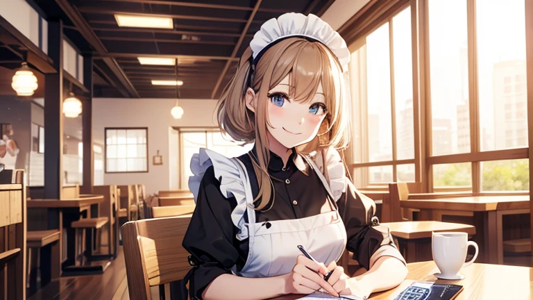 At the table in the maid cafe、Please draw an illustration of a smiling woman in a maid's uniform serving cake and tea.。Women want customers to have fun、We provide services with all our heart.。In the background、The antique-style interior and other guests enjoying themselves are depicted.。