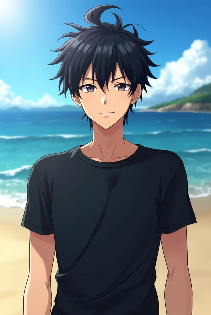 (Anime profile picture) Manjiro Sano at the beach wearing a black t-shirt with yuta okutso's hair. It is the middle of the day. He is facing toward the camera