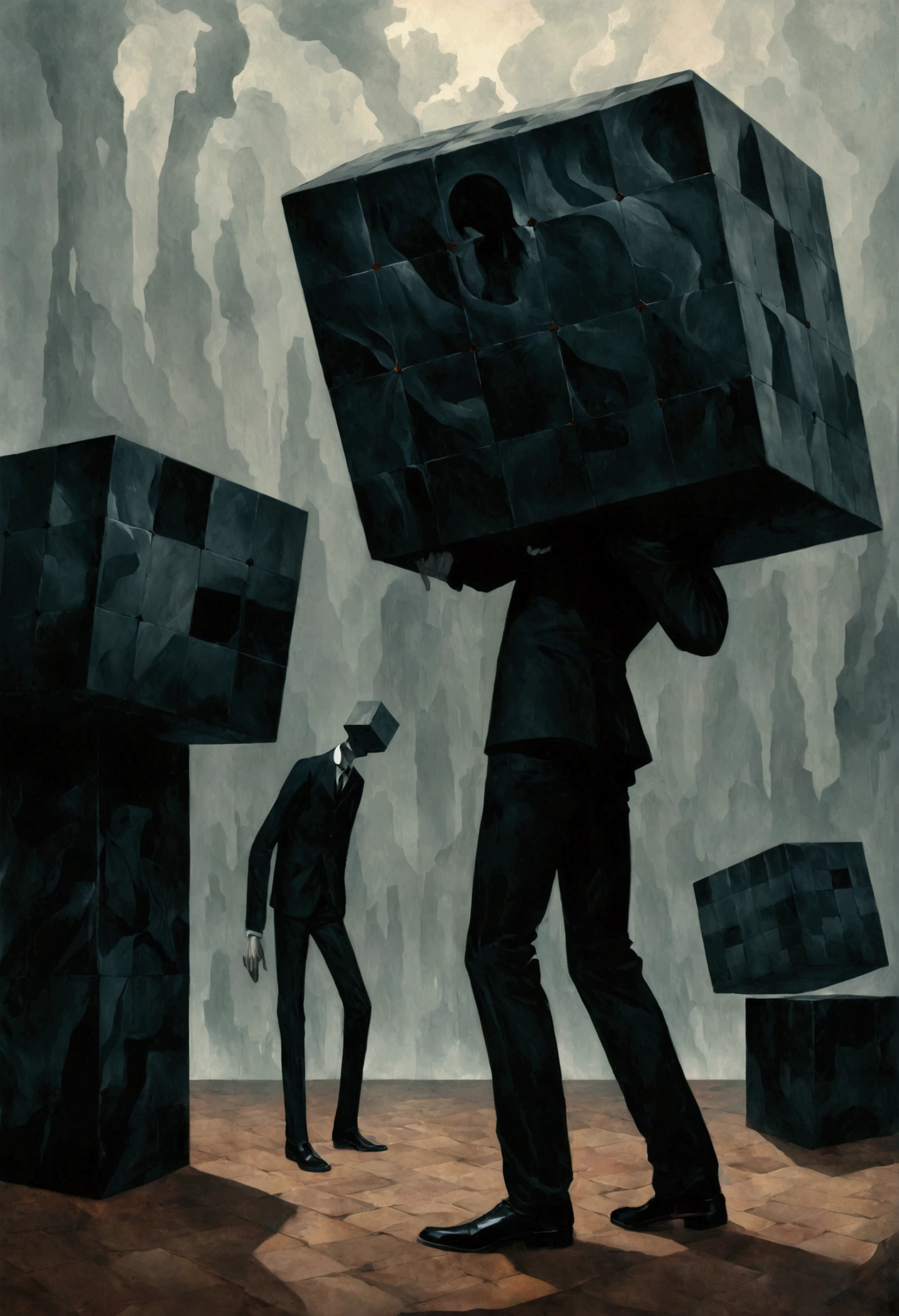 Faceless Man,(((Cube head)))，Cube Anthropomorphism，bend over，Tired， dance，Alessio Albi, Abstract Surrealism, Faceless Man dark, Unsettling horror limbo, crap