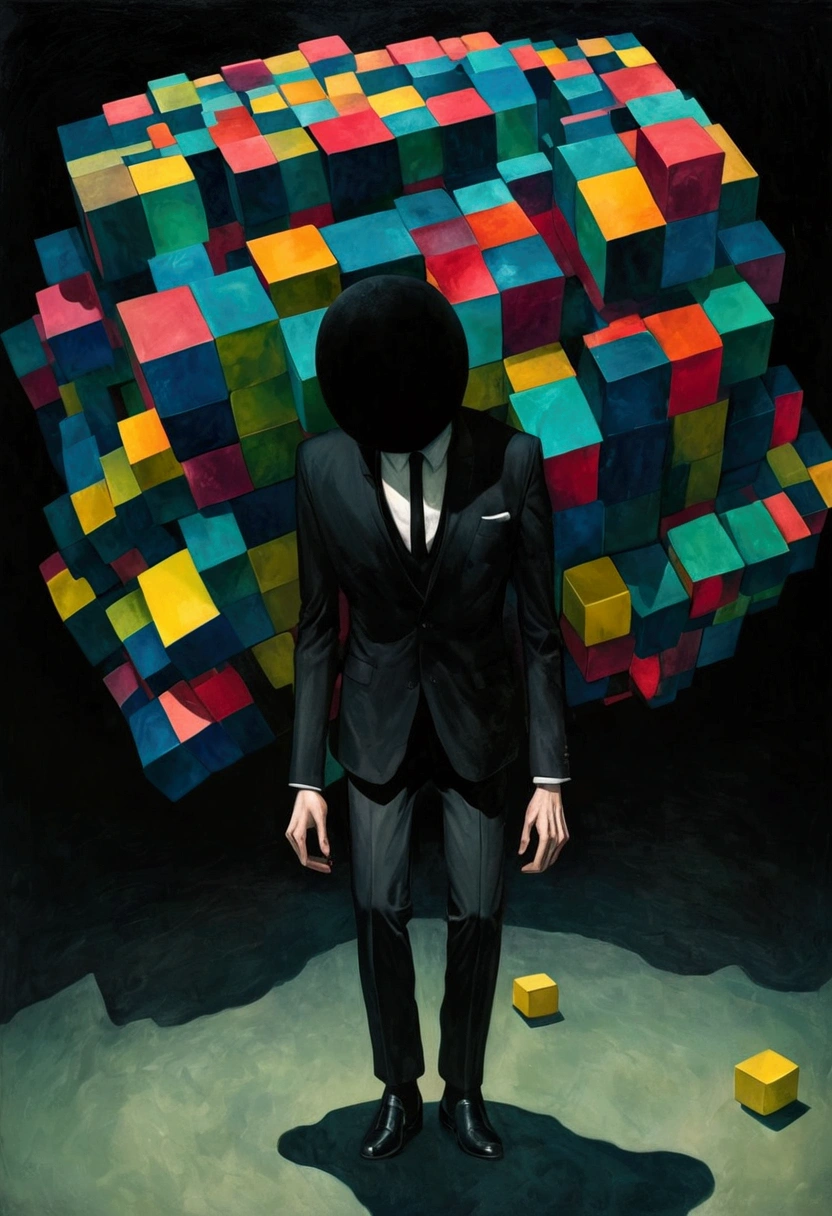 Faceless Man,(((Cube head)))，Cube Anthropomorphism，bend over，Tired， dance，Alessio Albi, Abstract Surrealism, Faceless Man dark, Unsettling horror limbo, crap