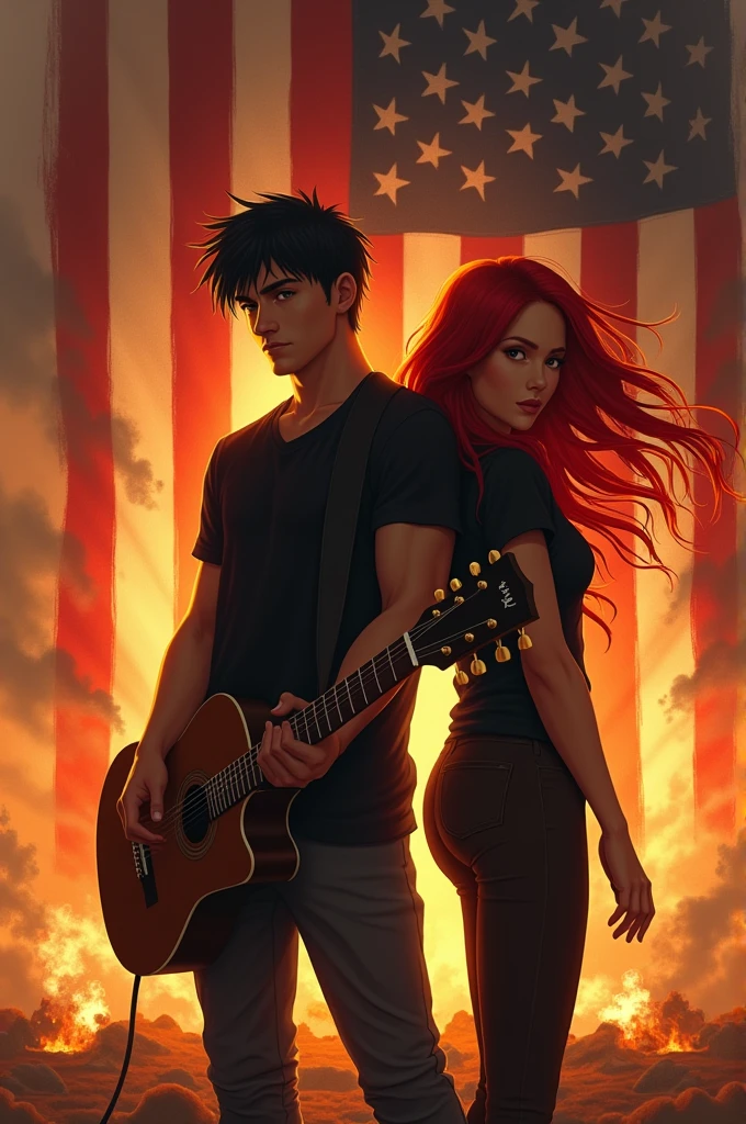 American flag background with fire and smoke medium build male with short black hair wearing a guitar Redhead female wearing black T-shirt and pants