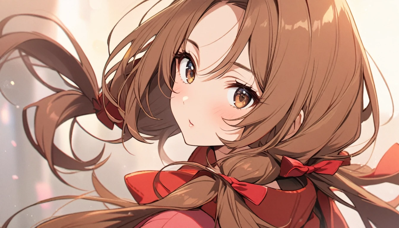 girl, mature, cute, brown eyes, brown hair, beautiful eyes, beautiful color, low twin tails, red bow, long hair