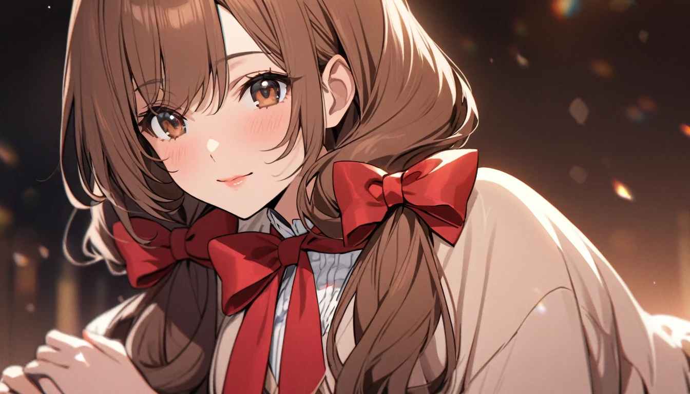 girl, mature, cute, brown eyes, brown hair, beautiful eyes, beautiful color, low twin tails, red bow, long hair