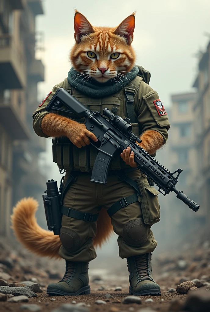 Cat soldier holding a high power gun