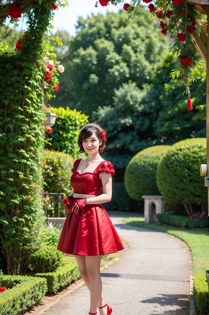 ((Masterpiece)), ((Best Quality)), A middle-aged short-hair woman, ((She is wearing an ornamental red mini-skirt wedding dress)), She is wearing gloves on her hands., outdoor, She is wearing a big necklace, full body, the dress has no train. She is in a garden.