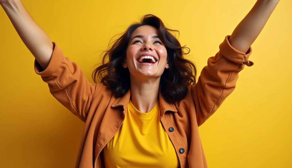 A Brazilian woman with medium-length dark, slightly wavy hair, wearing a casual outfit in warm, neutral tones. She is raising her arms in excitement and laughing, capturing a moment of pure joy and enthusiasm. The background is clean and neutral, with bright, natural lighting that enhances her lively expression