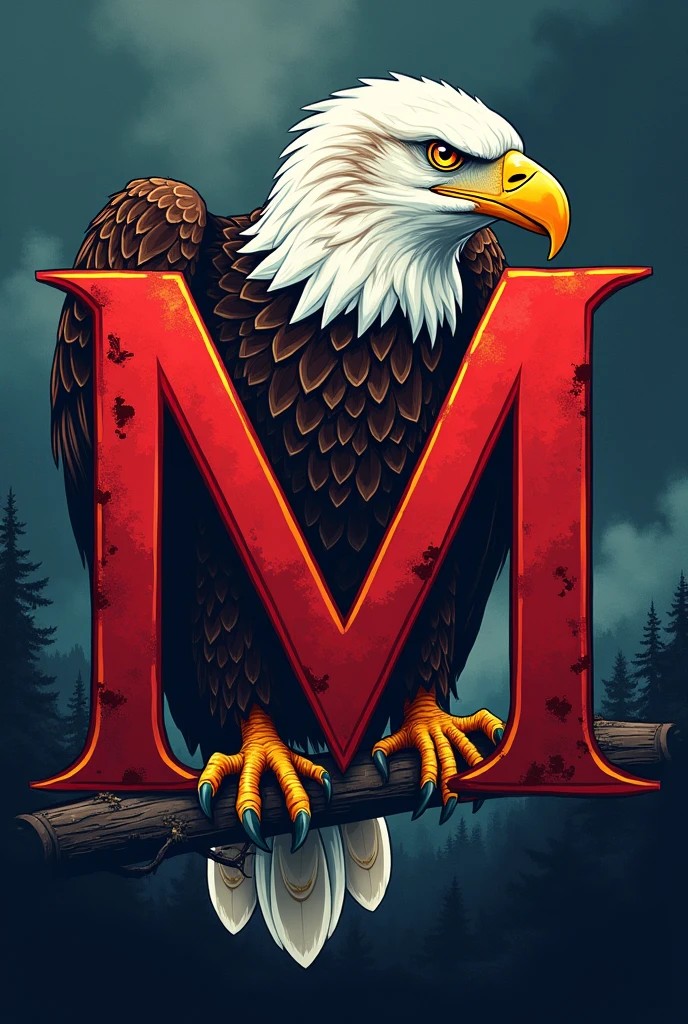 draw me the letter M with an bald eagle behind