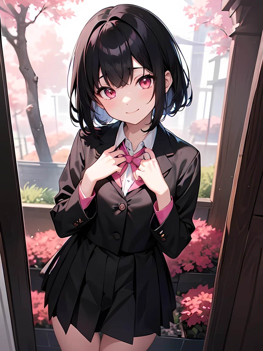 Short black hair、(Glowing pink eyes、Black blouse、school uniform:1.3)、Early teens、Mouth closed、smile、Short stature:1.2、Small breasts、Anime Style、Carnivorous plants:1.1